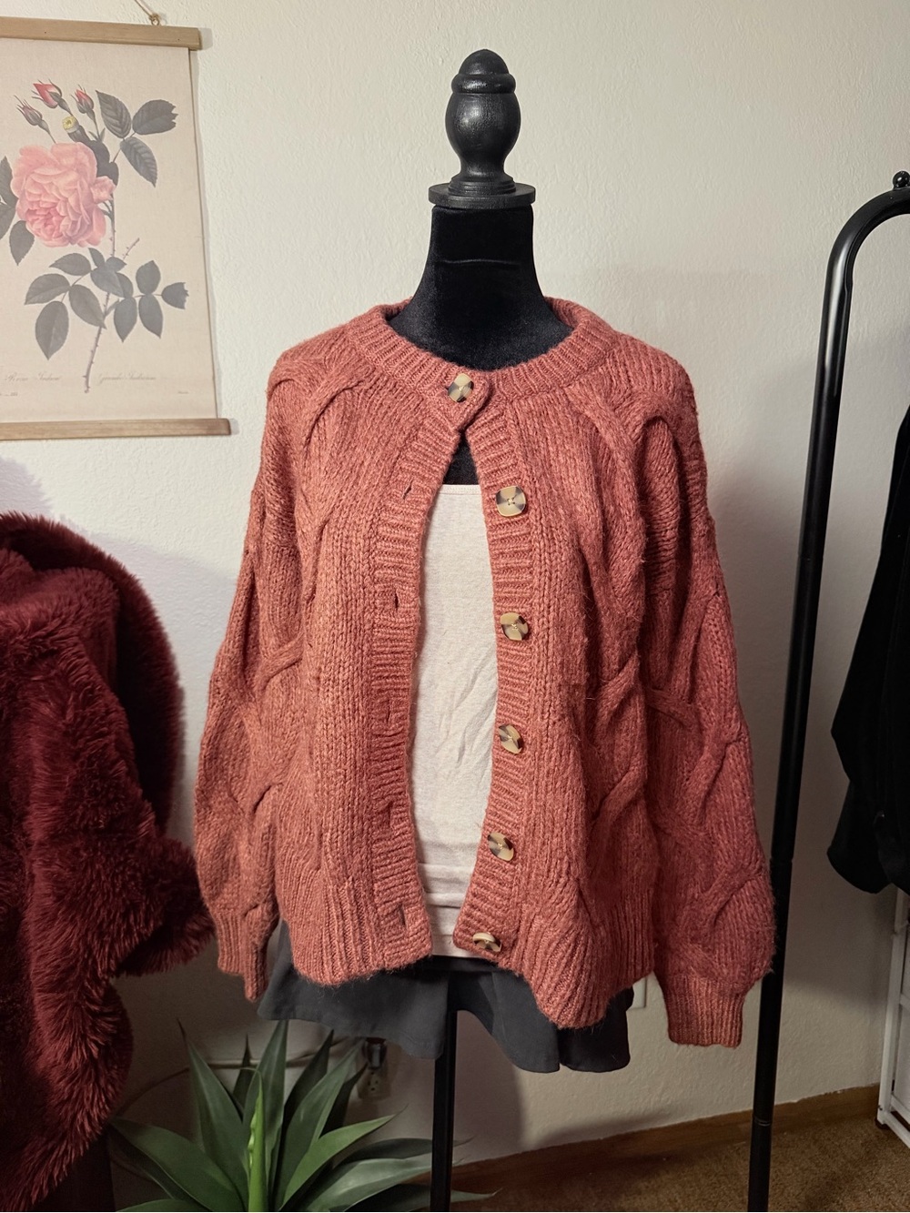 Madewell Rust Red Cable-Knit Button Cardigan Sweater